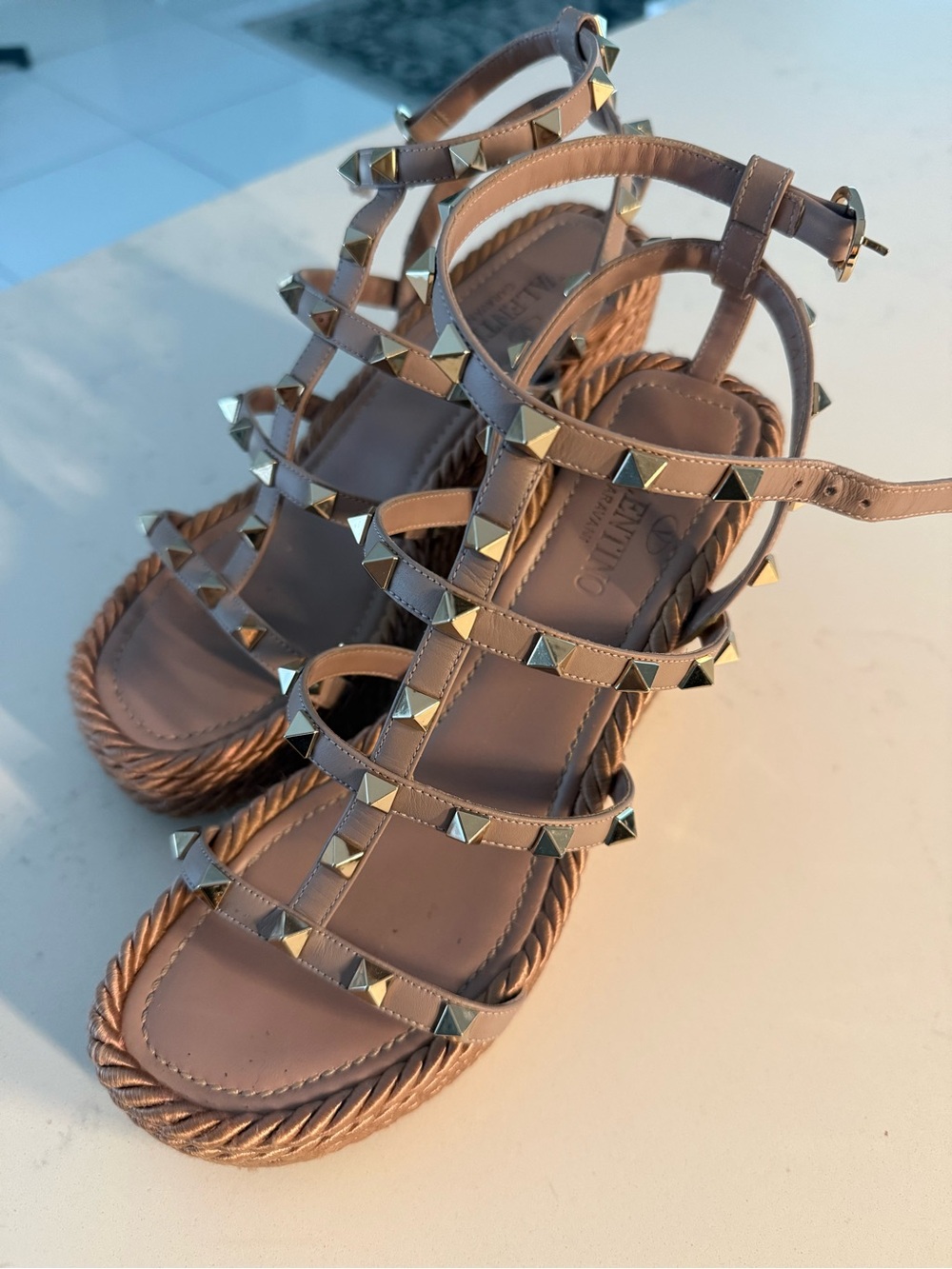Valentino Garavani Taupe Strappy Studded Sandals with Gold Studs